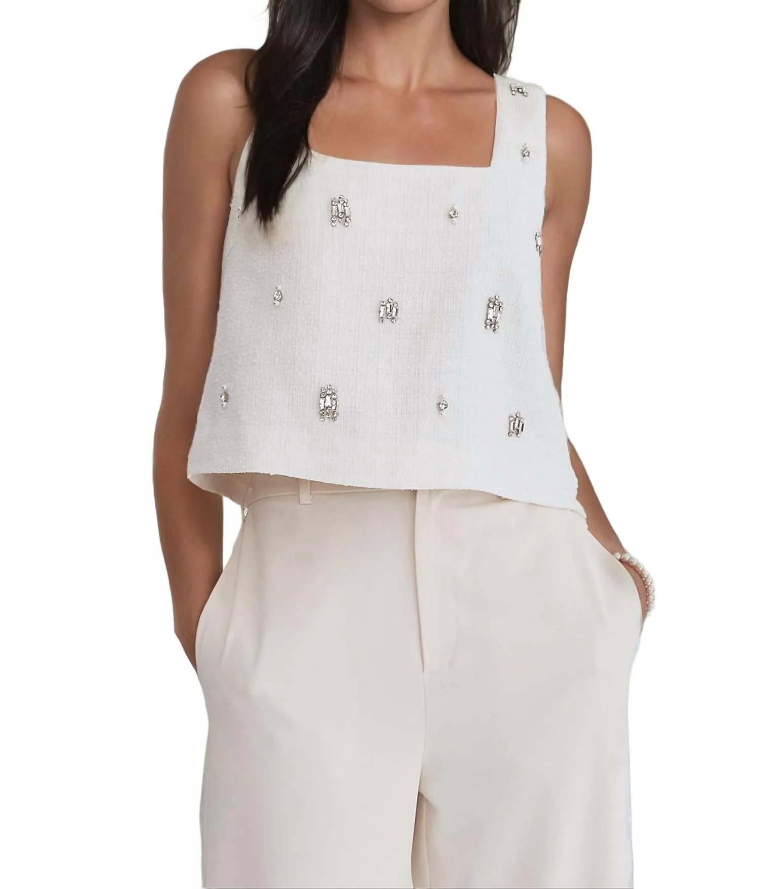 Aileen Embellished Tweed Sleeveless Top In Off-White