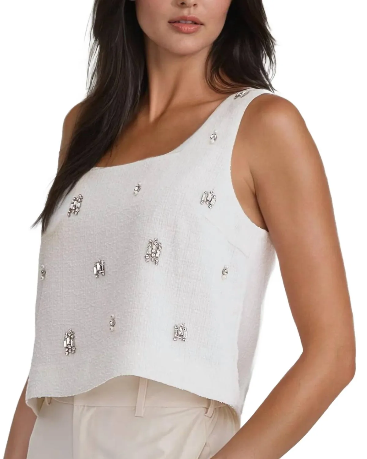 Aileen Embellished Tweed Sleeveless Top In Off-White