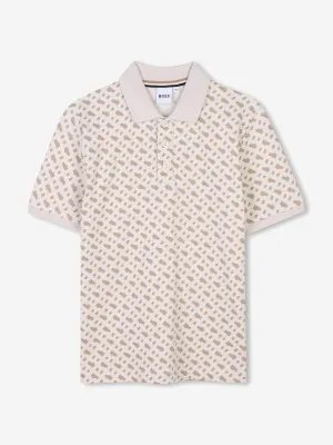 BOSS Boys Monogram Print Polo Shirt in Beige