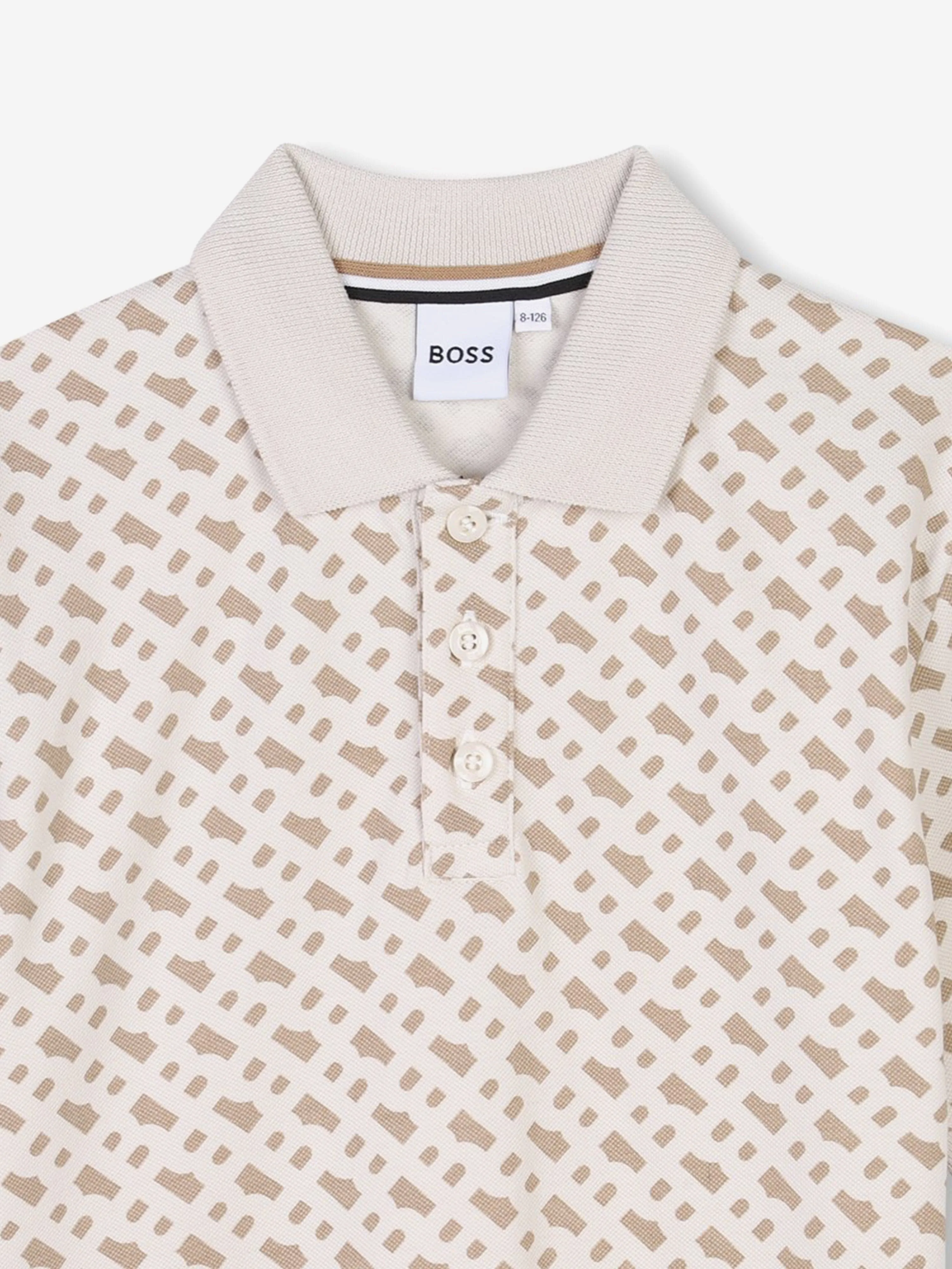 BOSS Boys Monogram Print Polo Shirt in Beige