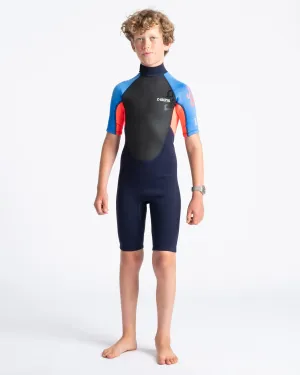 Boys Element 3/2mm Back Zip Shorty Wetsuit in Navy, Flo Red & Blue Tie Dye