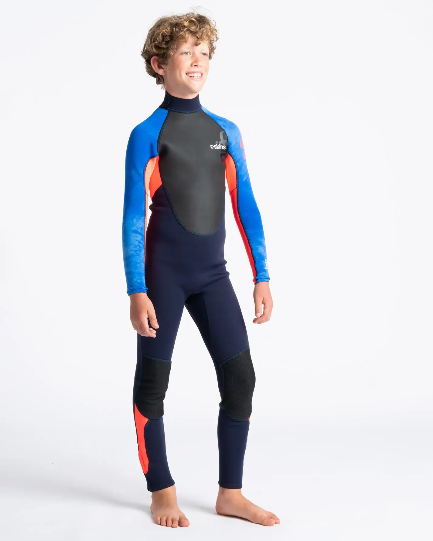 Boys Element 3/2mm Back Zip Wetsuit in Navy, Flo Red & Blue Tie Dye