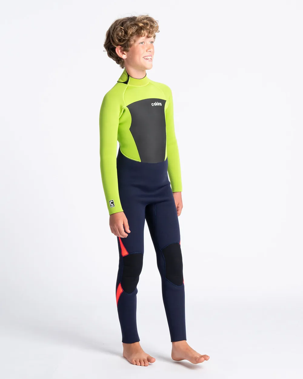 Boys Legend 4/3mm Back Zip Wetsuit in Ink Blue, Lime & Flo Red