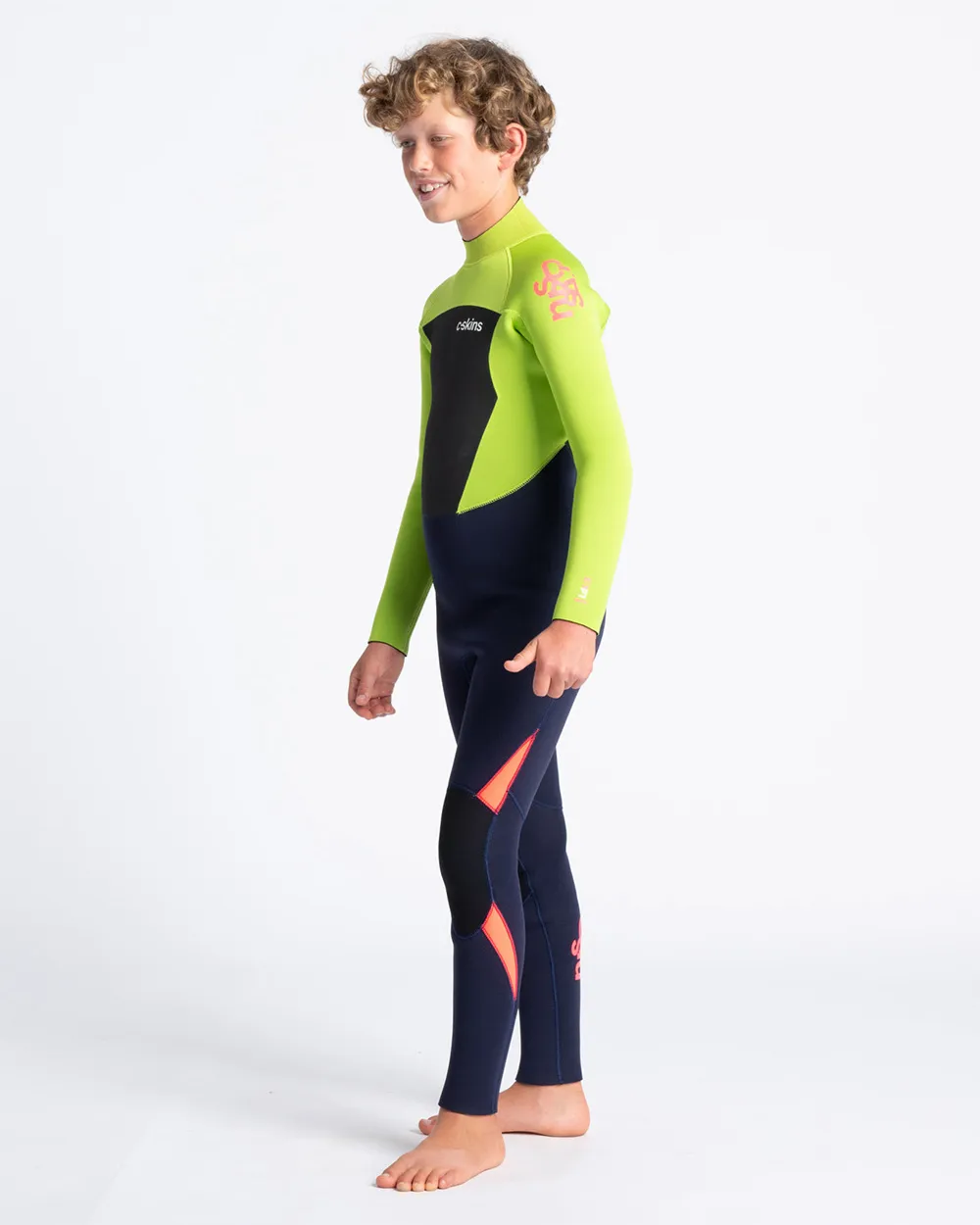 Boys Legend 4/3mm Back Zip Wetsuit in Ink Blue, Lime & Flo Red