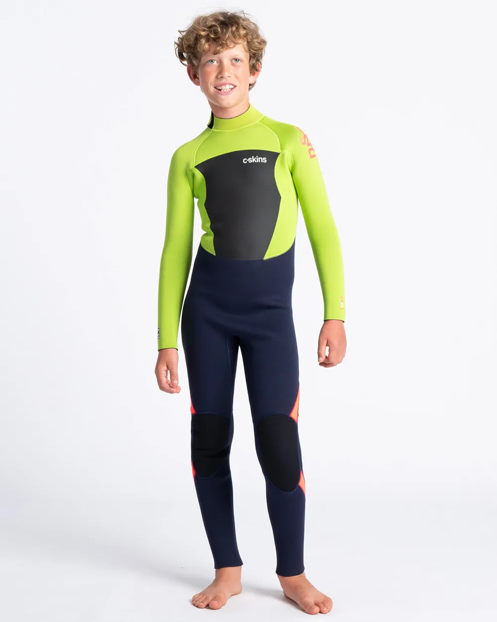 Boys Legend 4/3mm Back Zip Wetsuit in Ink Blue, Lime & Flo Red
