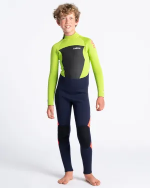 Boys Legend 4/3mm Back Zip Wetsuit in Ink Blue, Lime & Flo Red