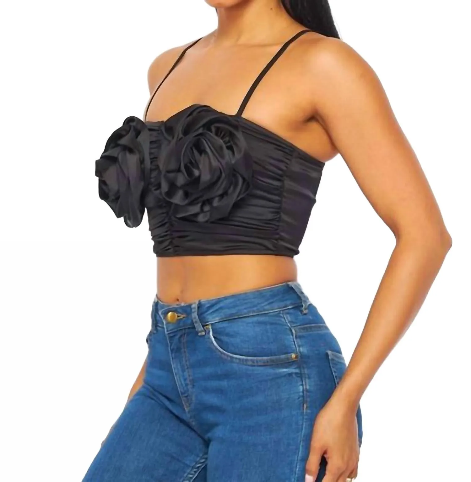 Cabbage Roses Satin Crop Top In Black