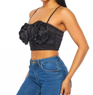 Cabbage Roses Satin Crop Top In Black