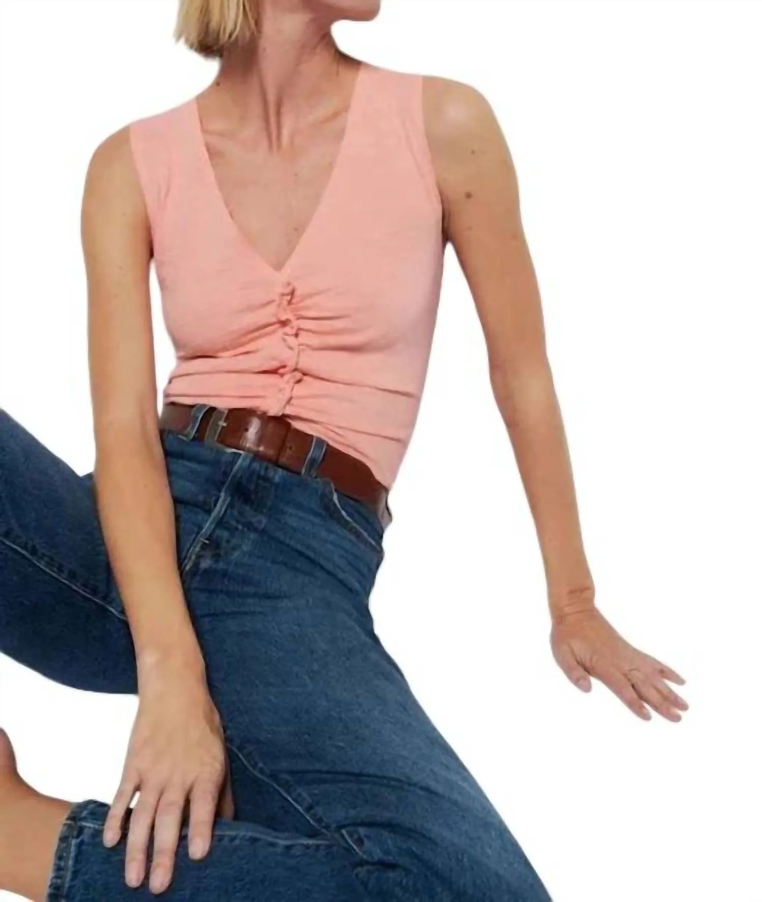 Cassie Tank With Shirring In Peach Amber