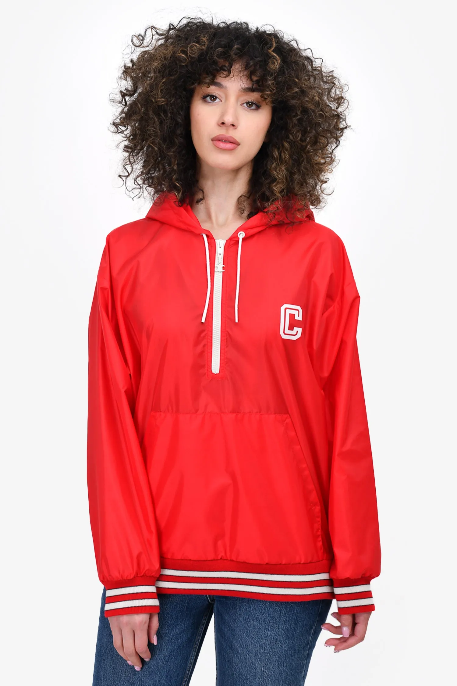 Celine Red Nylon Quarter Zip 'Celine Paris' Logo Windbreaker Size 38