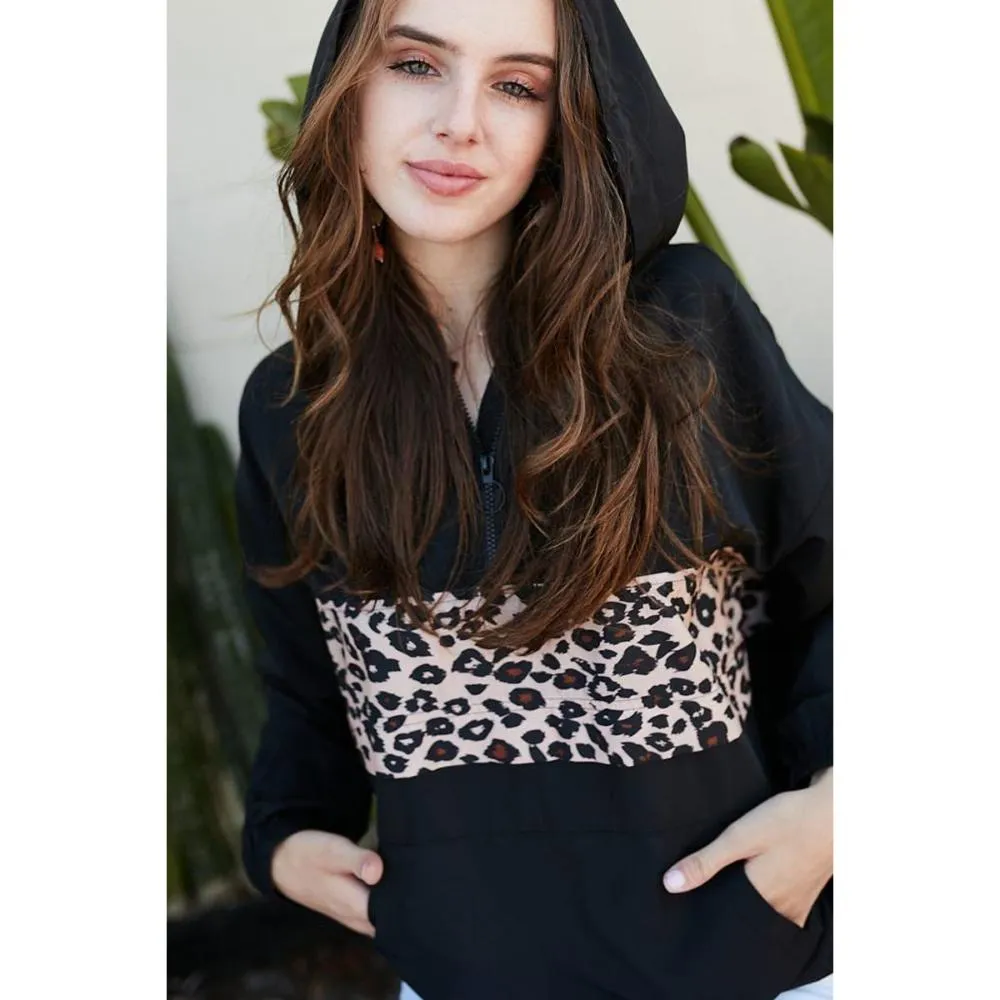 Contrast Leopard Print Front Zipper Up Kangaroo Pocket Windbreaker Hoodie