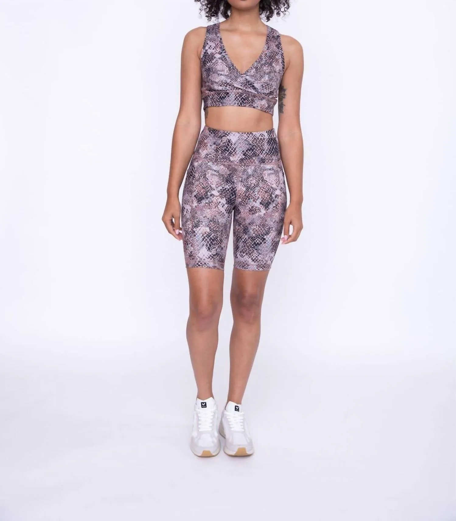 Cutout Racerback Sports Bra In Dusty Snake Print