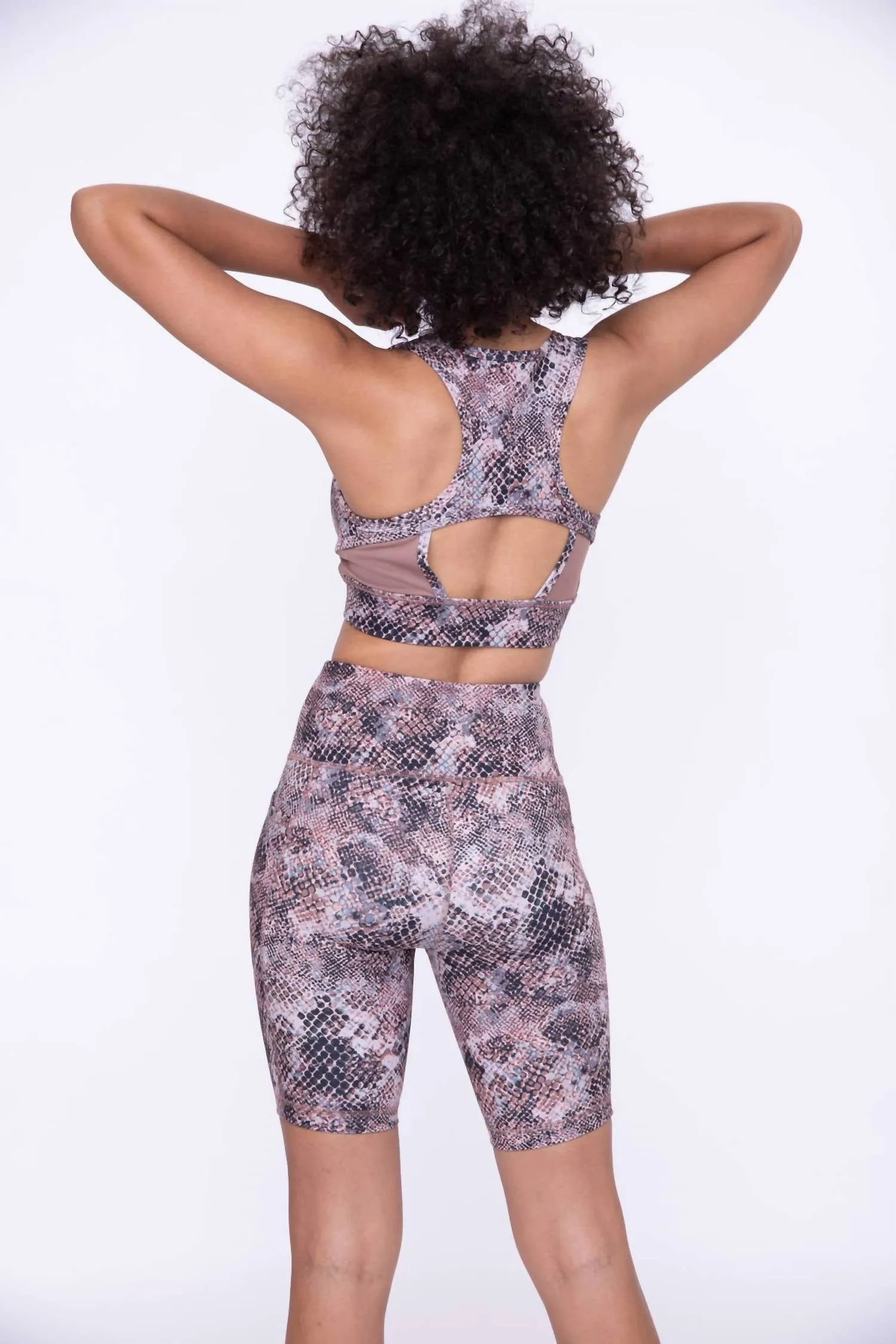 Cutout Racerback Sports Bra In Dusty Snake Print