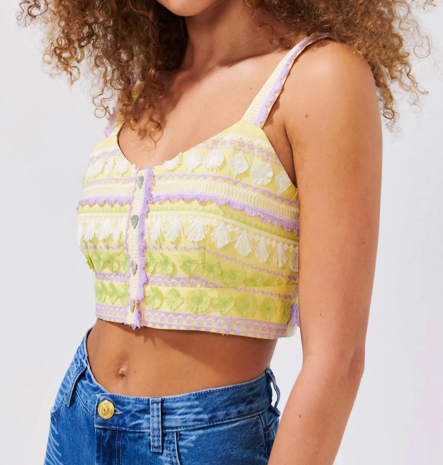 Embroidered Cotton Crop Top In Sun Wink Chartreuse