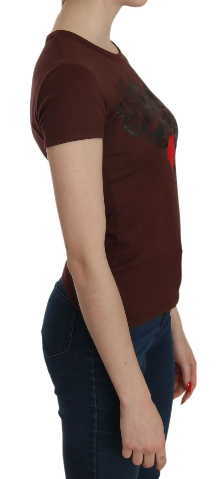 Exte  Heart Print Crew Neck T-shirt Short Sleeve Women's Blouse