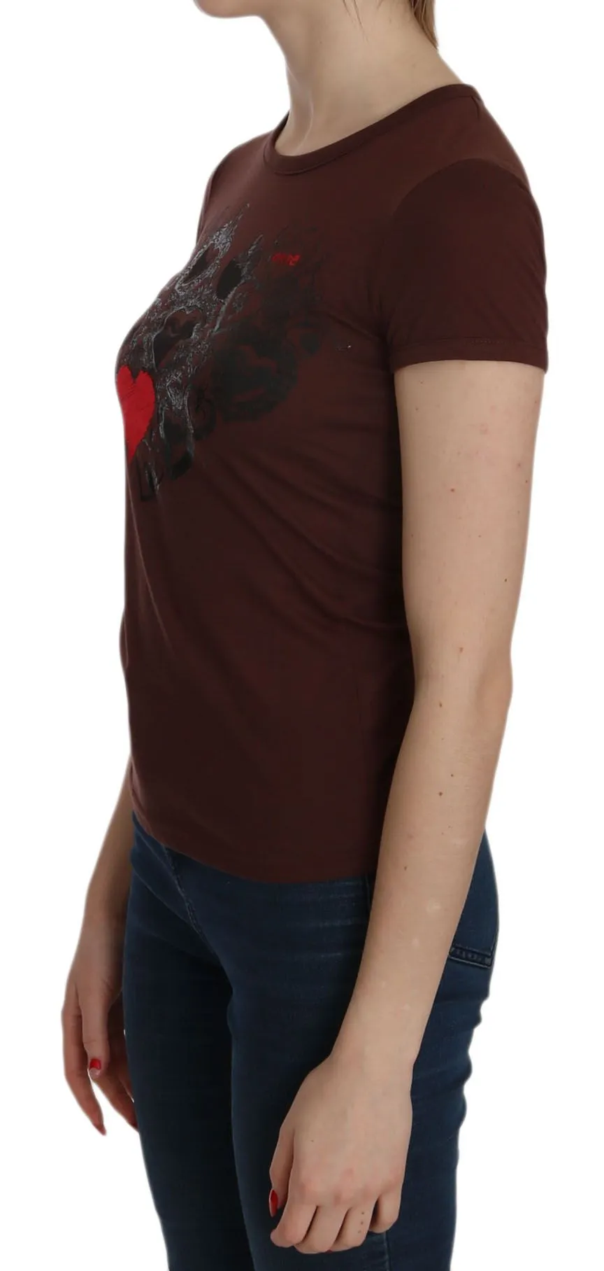 Exte  Heart Print Crew Neck T-shirt Short Sleeve Women's Blouse