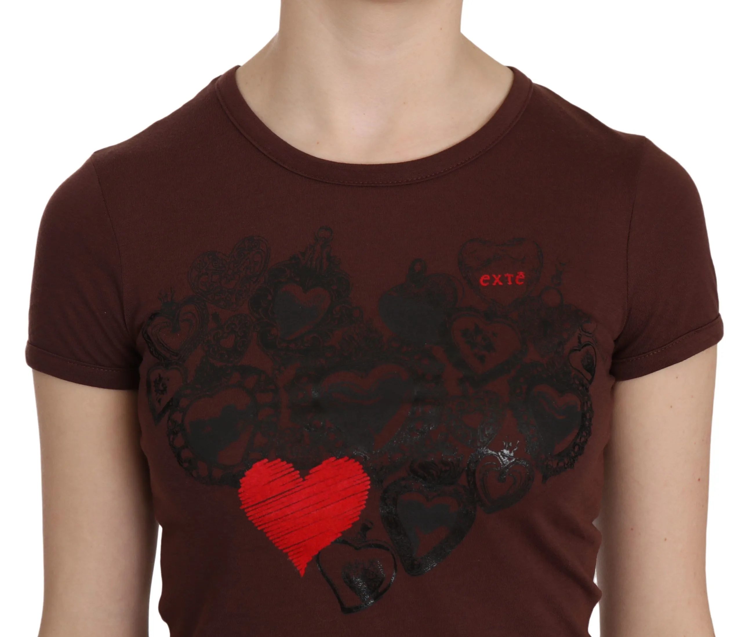 Exte  Heart Print Crew Neck T-shirt Short Sleeve Women's Blouse