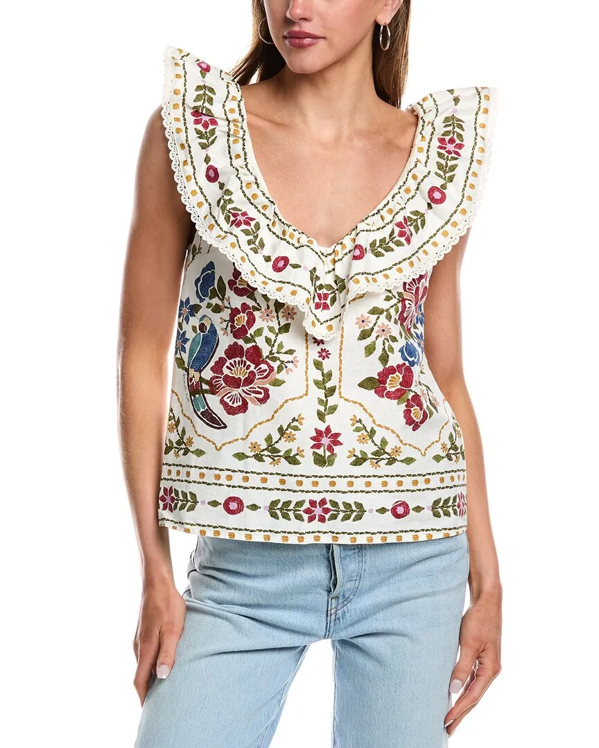 FARM Rio Ruffle Linen-Blend Top