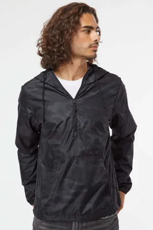 Independent Trading Company Mens Water Resistant 1/4 Zip Windbreaker Hooded Jacket - Black Camo