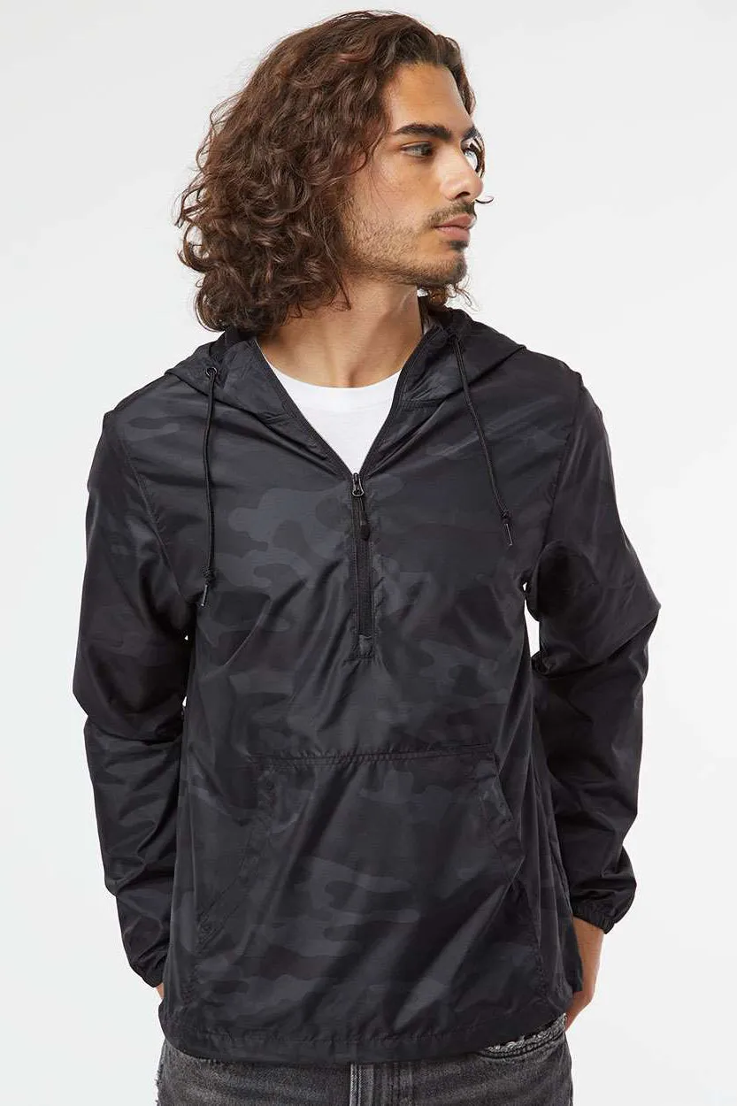 Independent Trading Company Mens Water Resistant 1/4 Zip Windbreaker Hooded Jacket - Black Camo