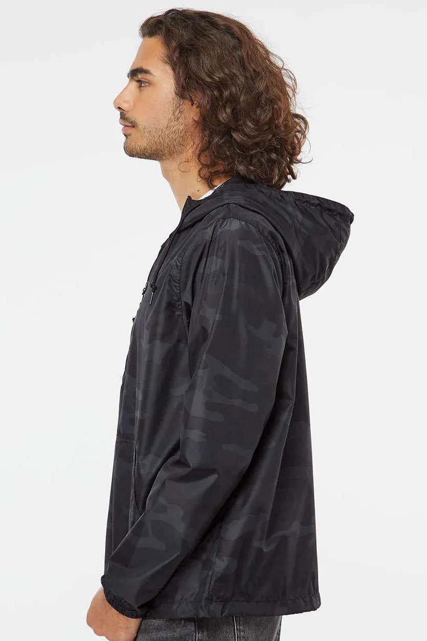 Independent Trading Company Mens Water Resistant 1/4 Zip Windbreaker Hooded Jacket - Black Camo