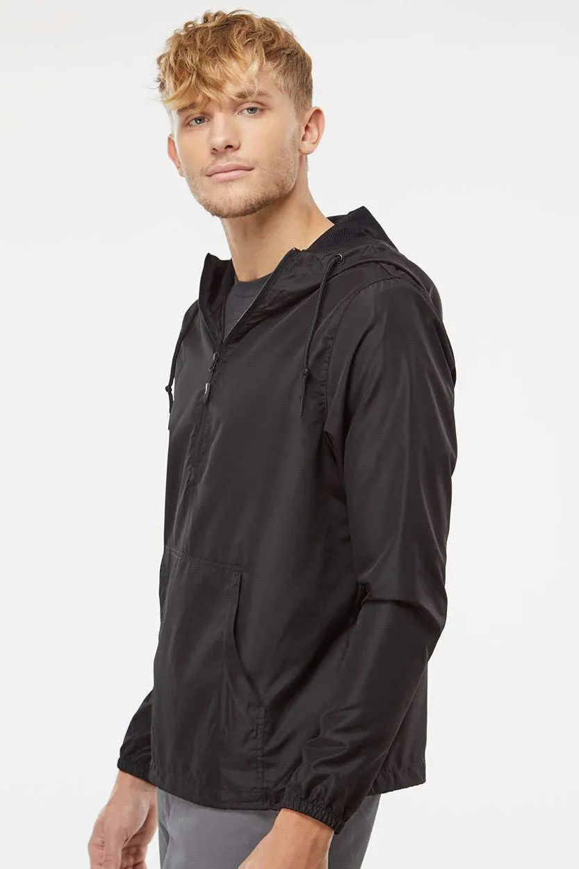 Independent Trading Company Mens Water Resistant 1/4 Zip Windbreaker Hooded Jacket - Black