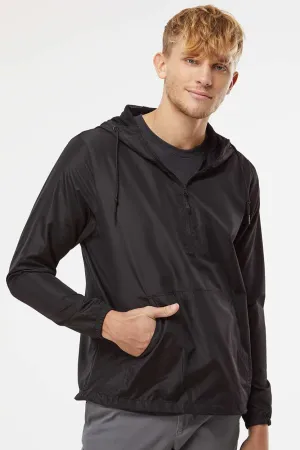 Independent Trading Company Mens Water Resistant 1/4 Zip Windbreaker Hooded Jacket - Black
