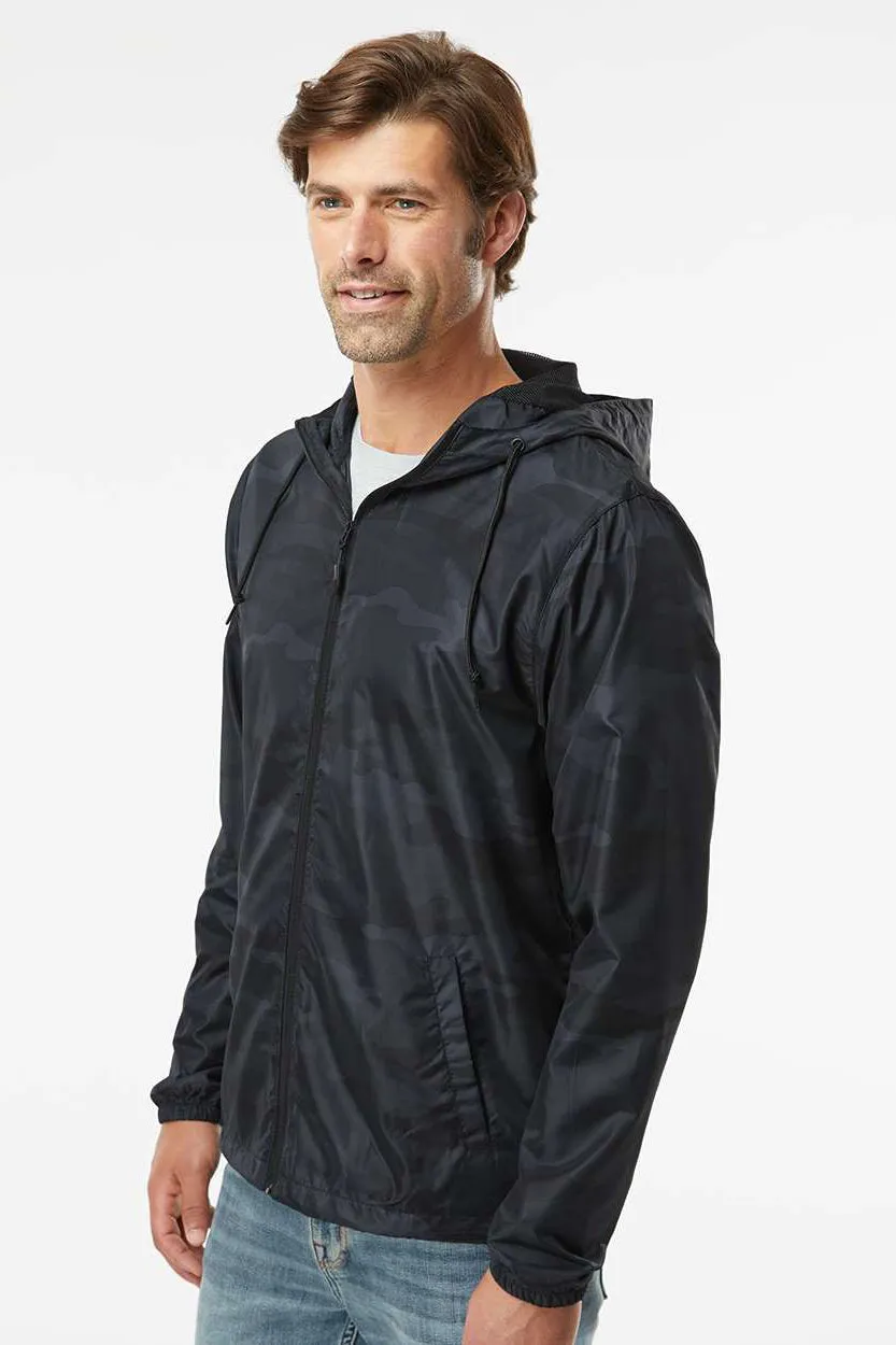 Independent Trading Company Mens Water Resistant Full Zip Windbreaker Hooded Jacket - Black Camo