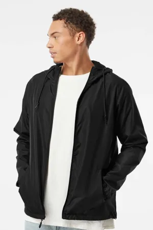 Independent Trading Company Mens Water Resistant Full Zip Windbreaker Hooded Jacket - Black