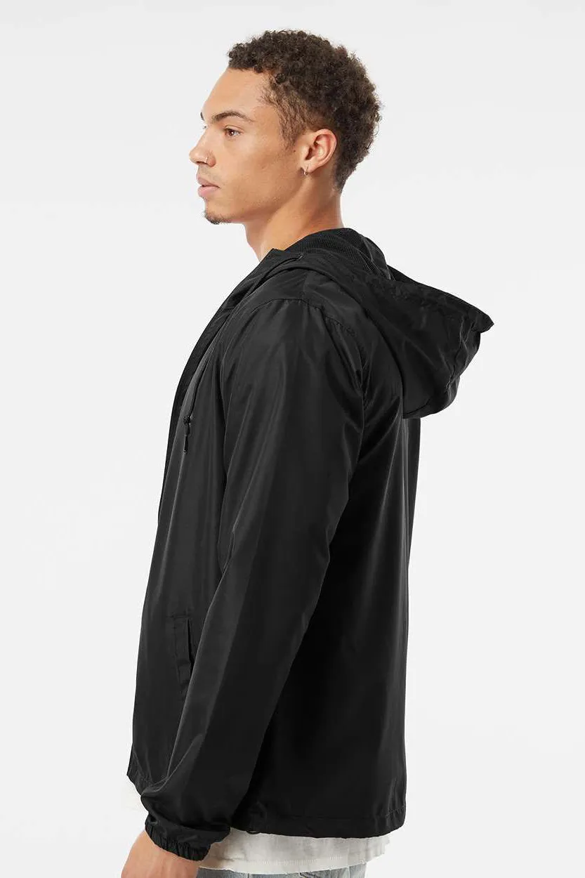 Independent Trading Company Mens Water Resistant Full Zip Windbreaker Hooded Jacket - Black
