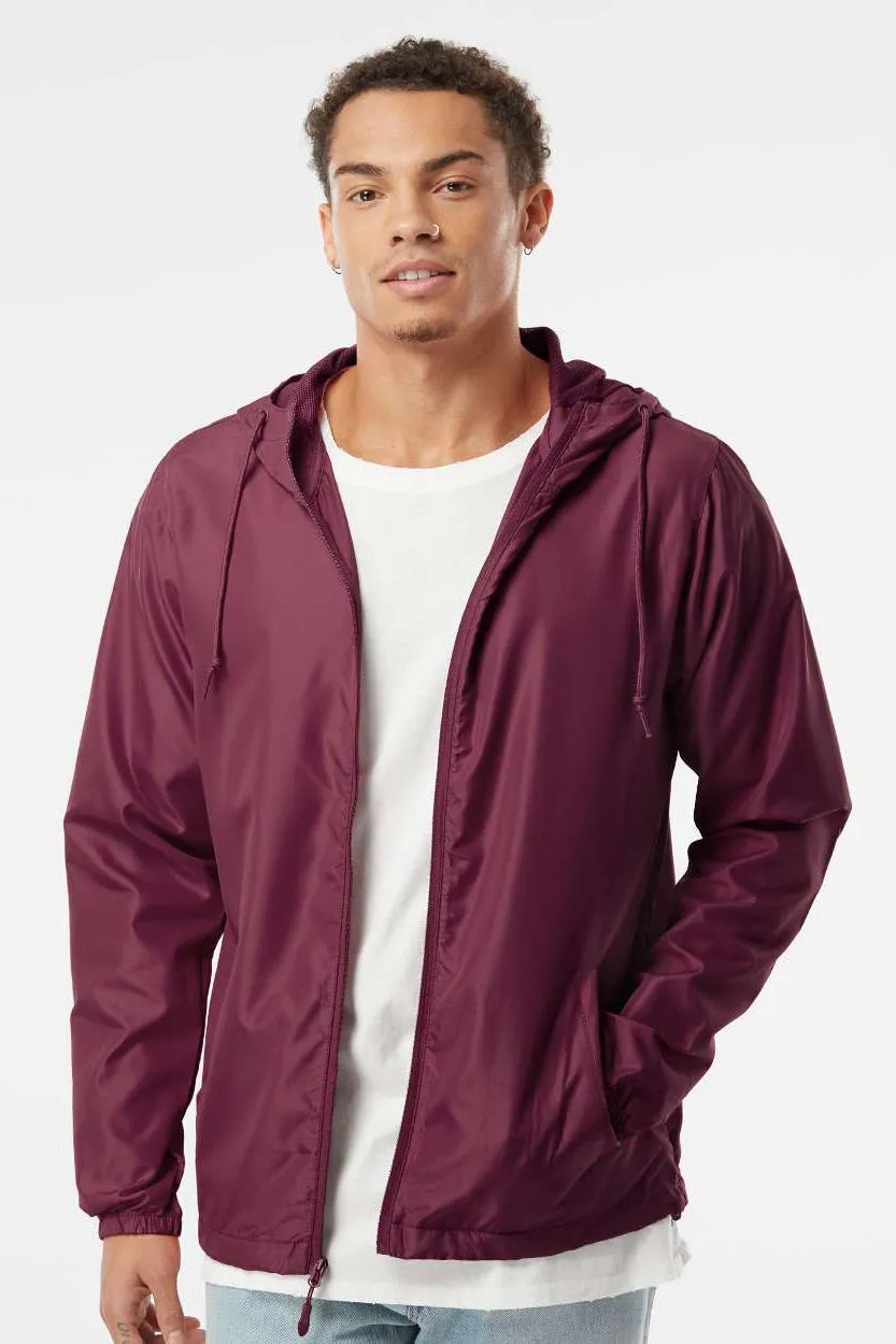 Independent Trading Company Mens Water Resistant Full Zip Windbreaker Hooded Jacket - Maroon