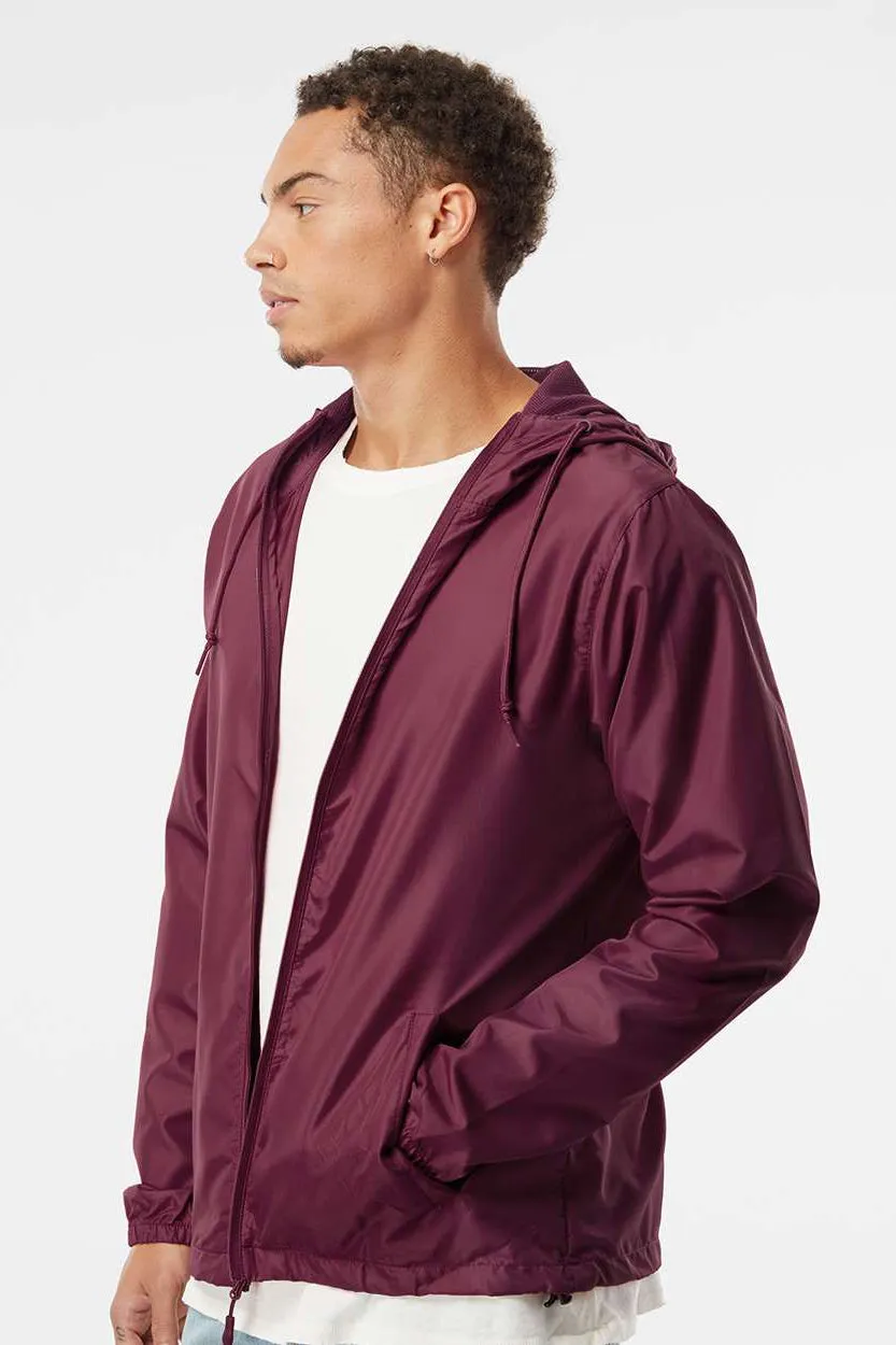 Independent Trading Company Mens Water Resistant Full Zip Windbreaker Hooded Jacket - Maroon