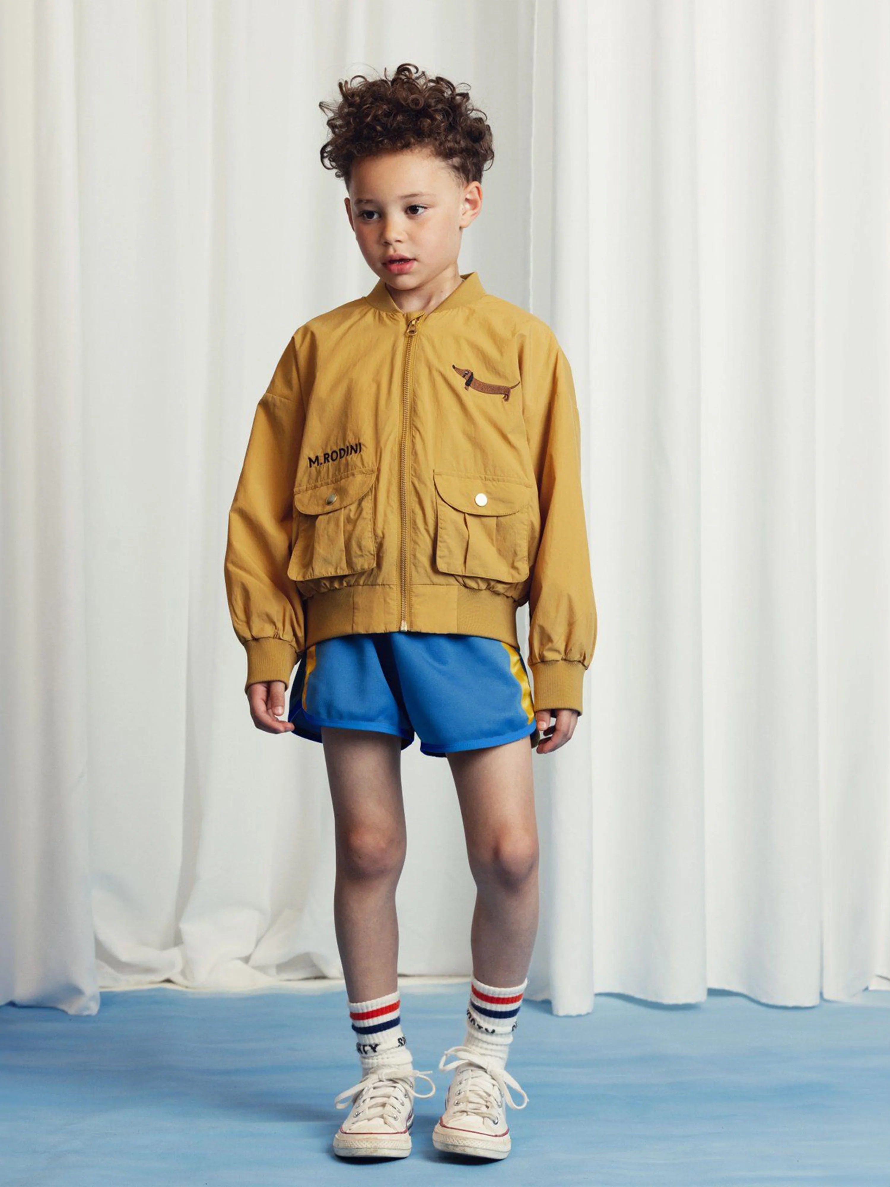 Kids Dog Embroidered Baseball Jacket in Beige
