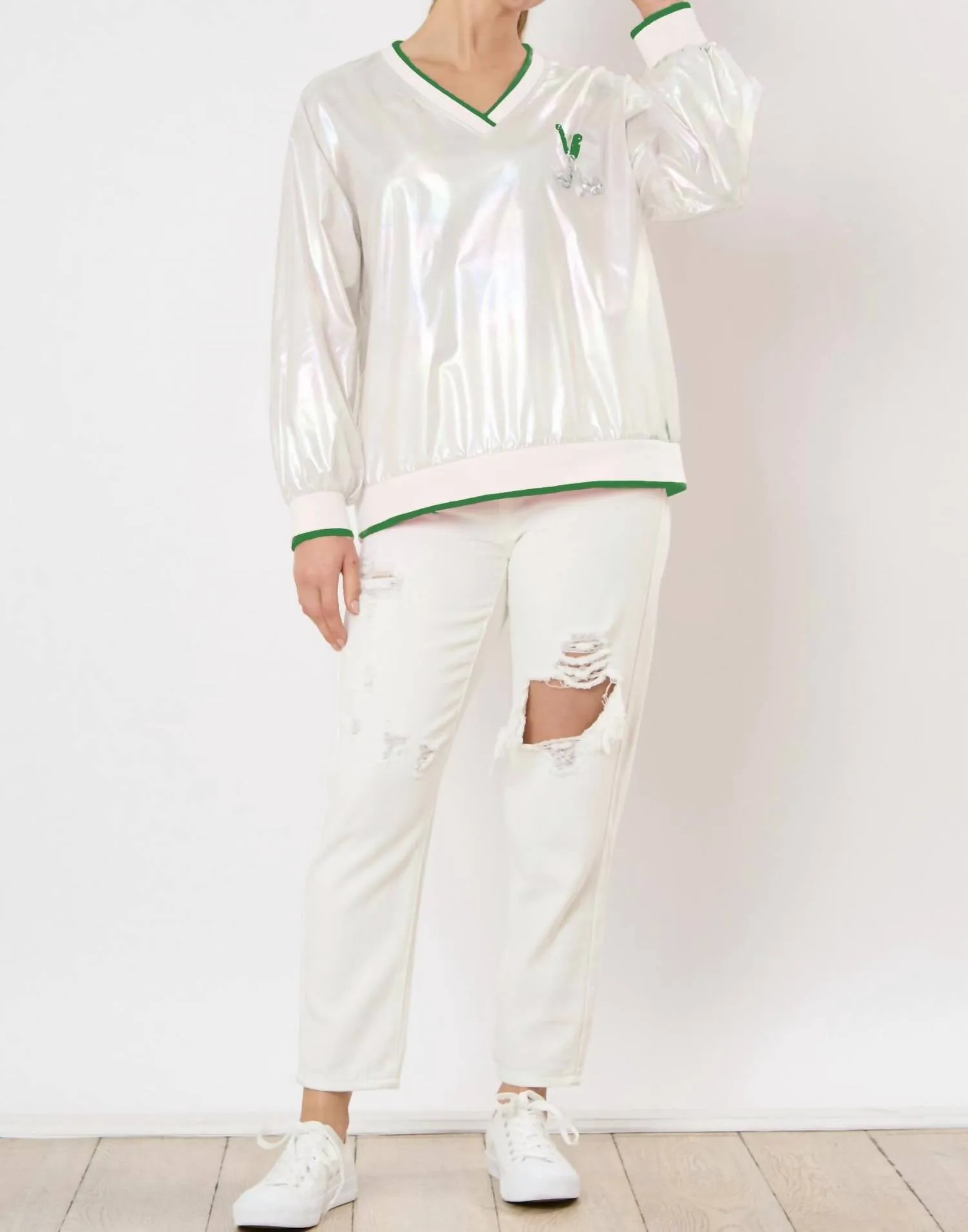 Long Sleeve Golf Windbreaker In White/green