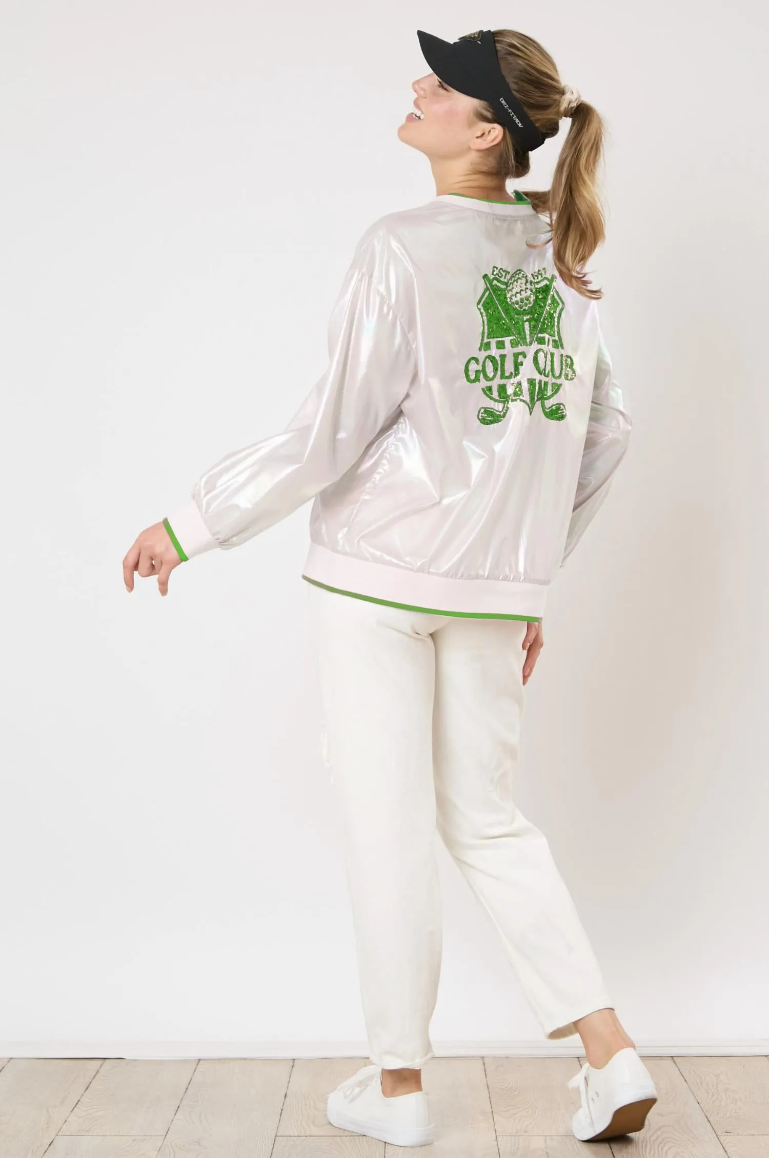 Long Sleeve Golf Windbreaker In White/green