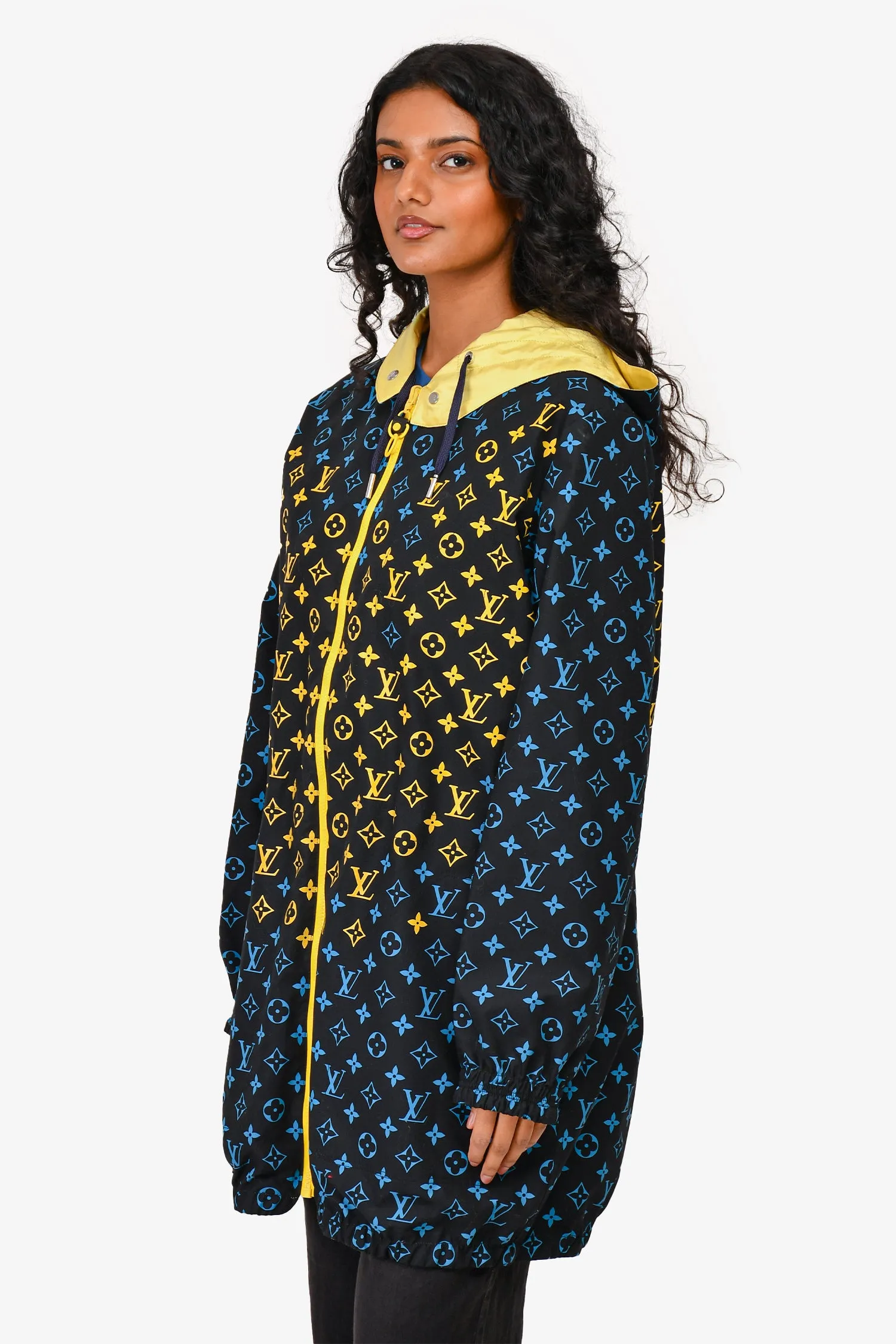 Louis Vuitton Black/Blue Monogram Cotton/Yellow Silk Reversible Windbreaker Jacket Size 36