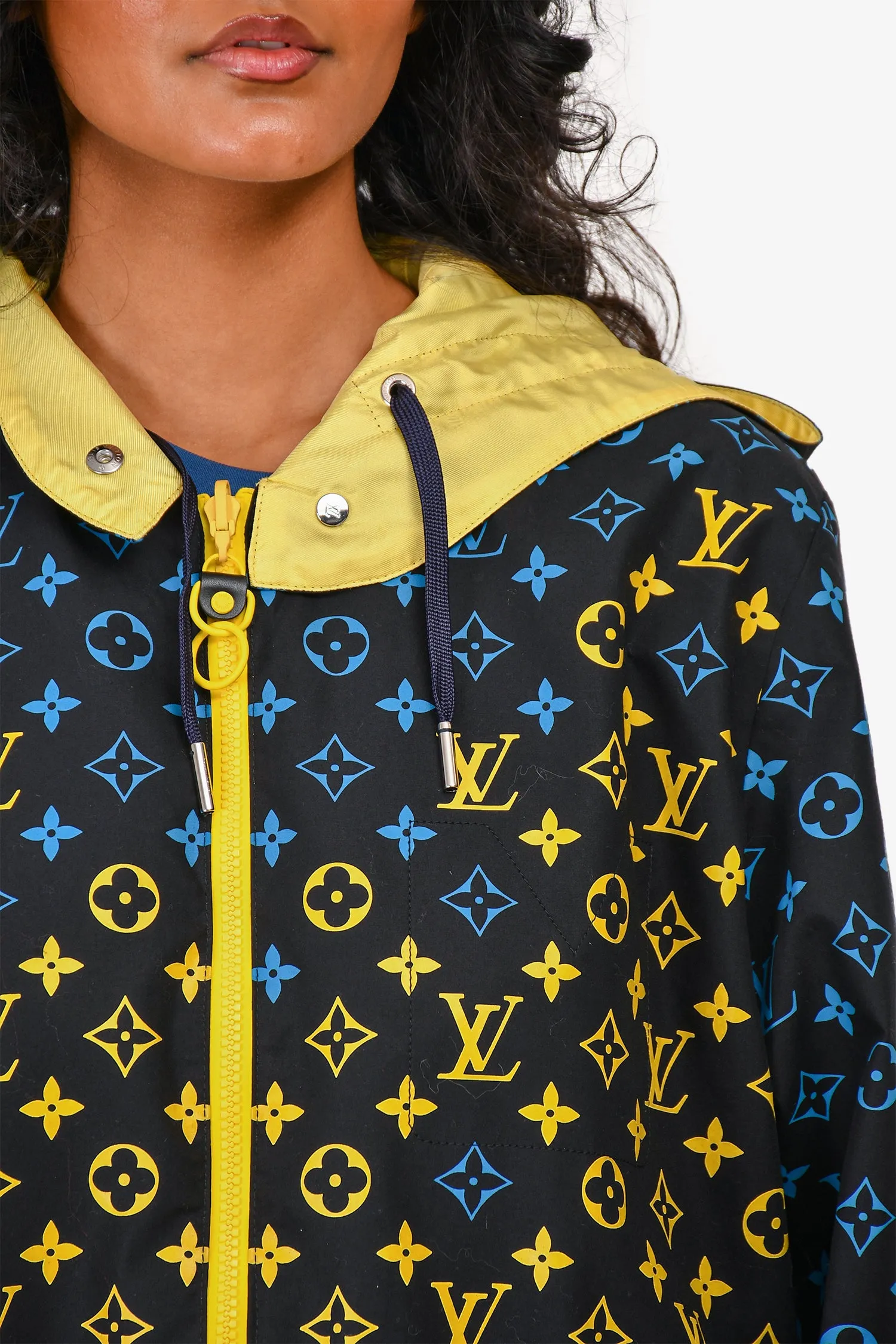 Louis Vuitton Black/Blue Monogram Cotton/Yellow Silk Reversible Windbreaker Jacket Size 36