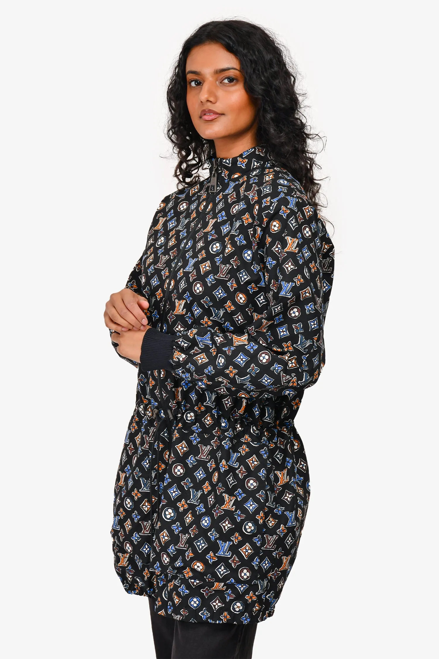 Louis Vuitton Black/Brown Multicolour Cotton Reversible Windbreaker Jacket with Hidden Hood sz 36
