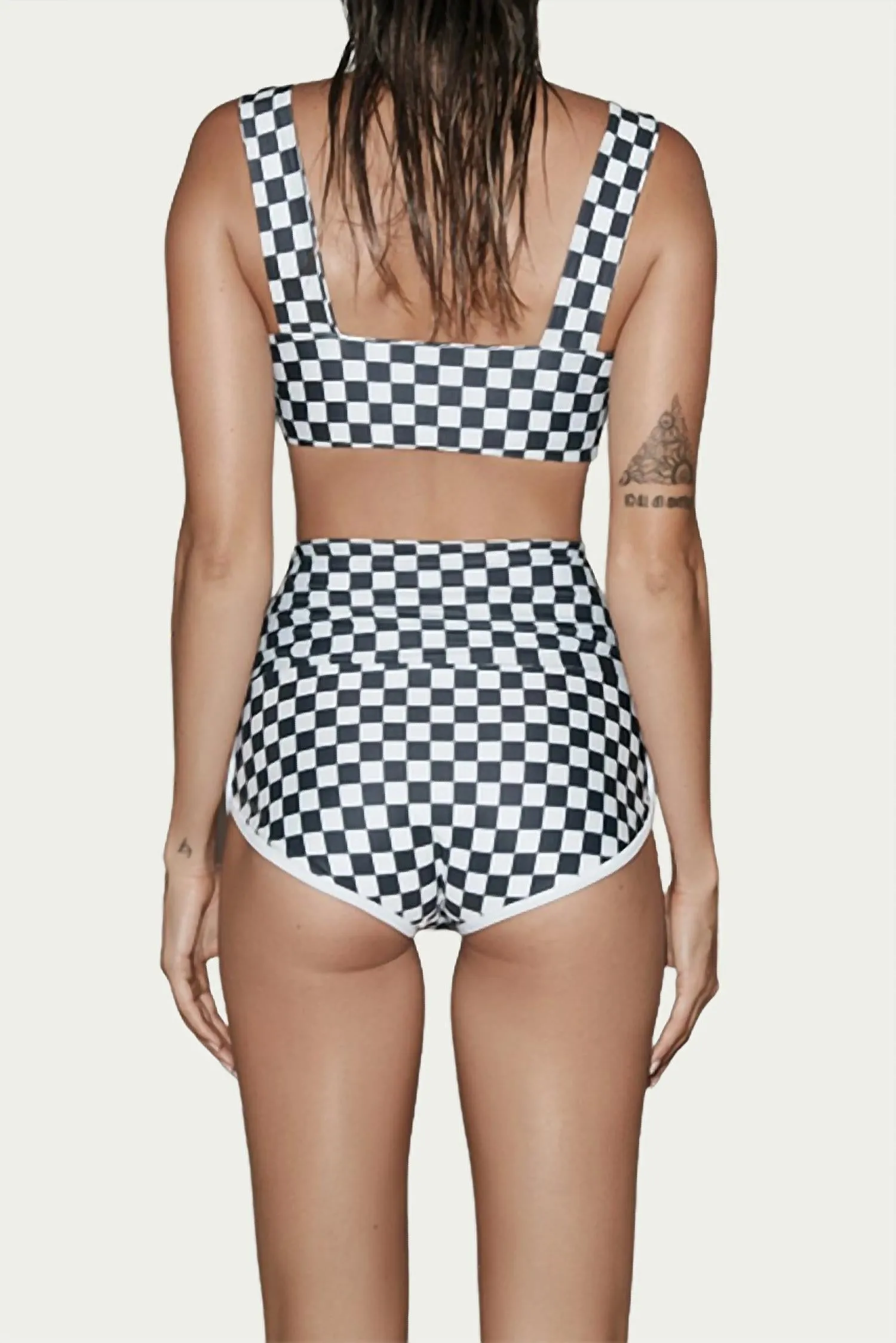 Luna Crop Swim Top In Black/white Checked