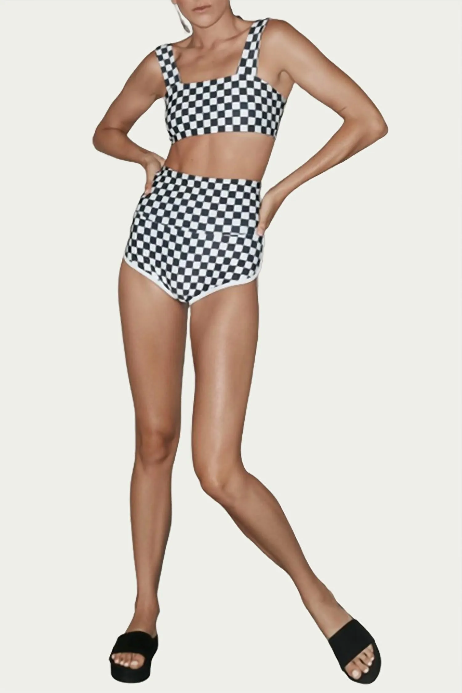 Luna Crop Swim Top In Black/white Checked