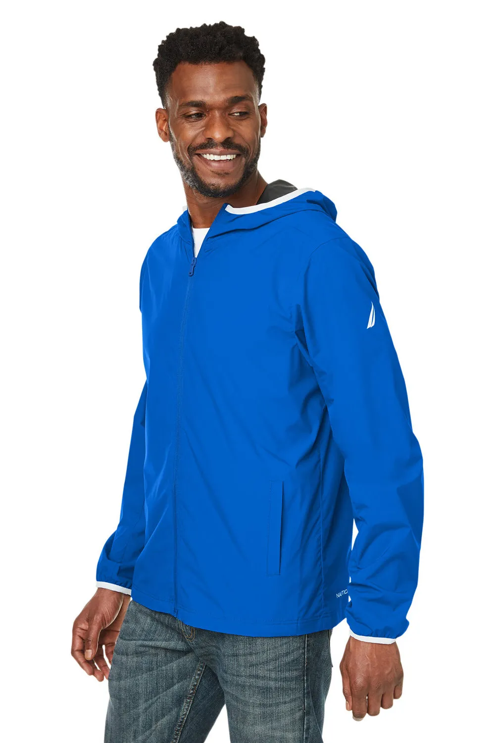 Nautica Mens Stillwater Water Resistant Full Zip Hooded Windbreaker Jacket - Royal Blue