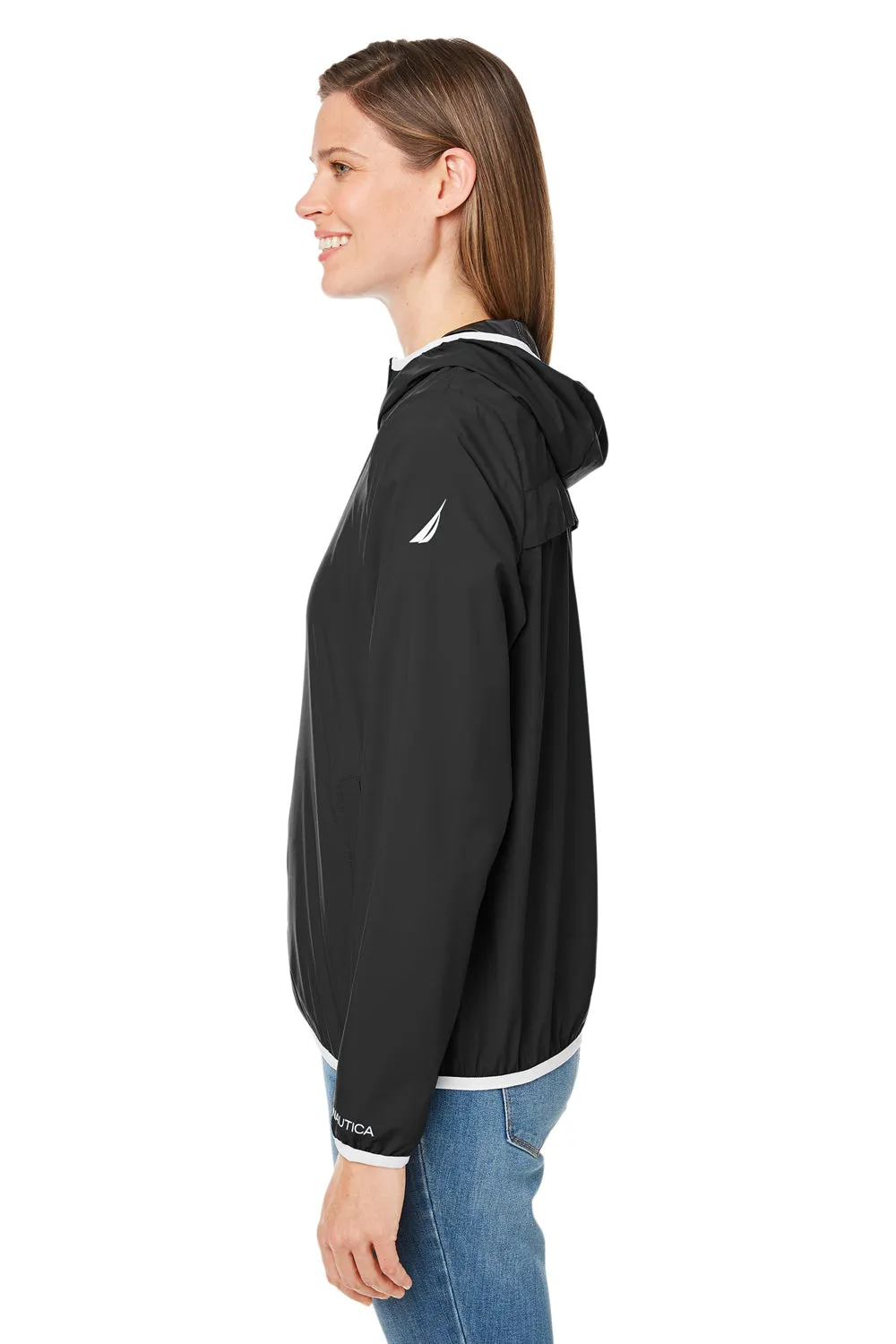 Nautica Womens Stillwater Water Resistant Full Zip Hooded Windbreaker Jacket - Black