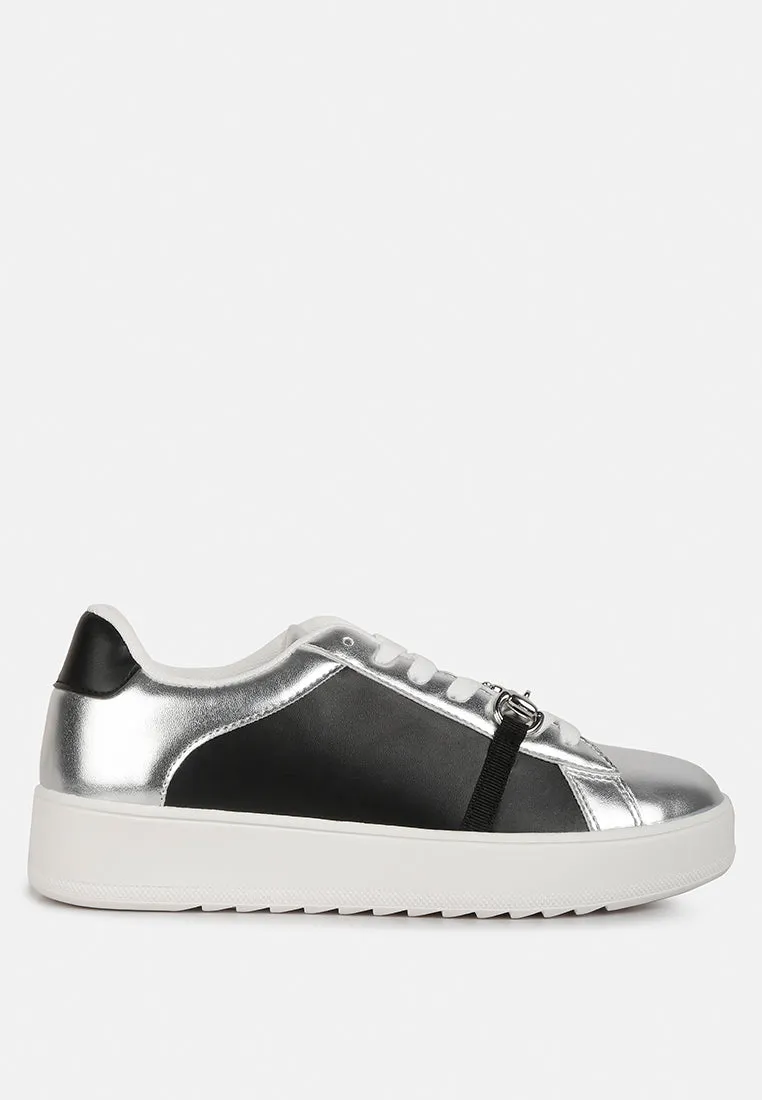 nemo contrasting metallic faux leather sneakers