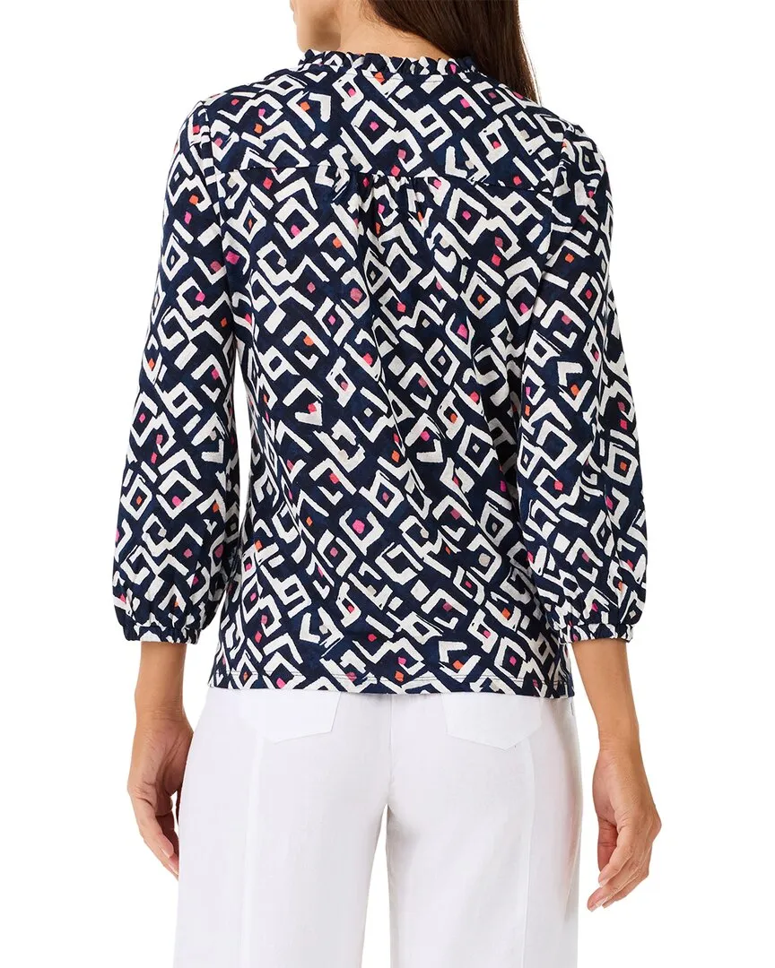 NIC ZOE Indigo Angles Linen-Blend Top