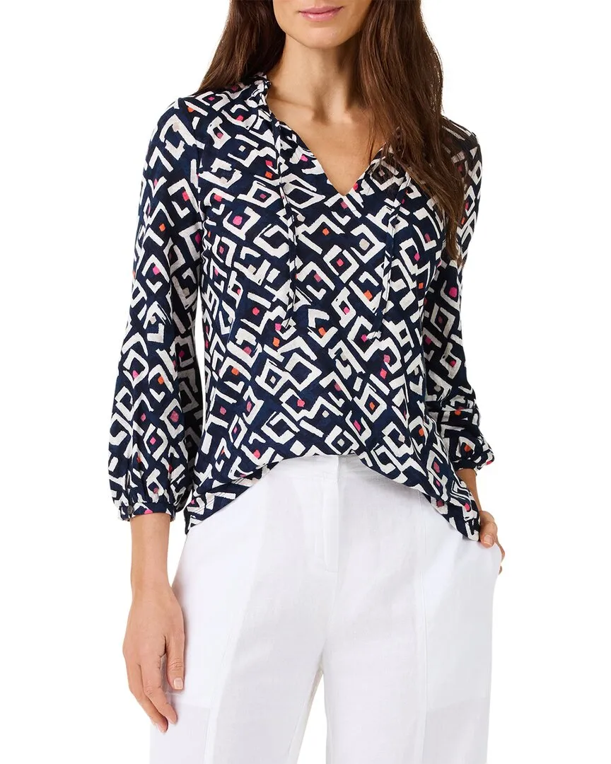 NIC ZOE Indigo Angles Linen-Blend Top