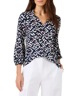 NIC ZOE Indigo Angles Linen-Blend Top