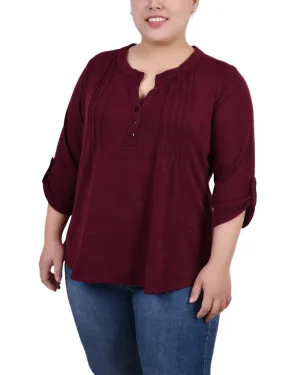 Plus Size 3/4 Roll Tab Sleeve Y Neck Top