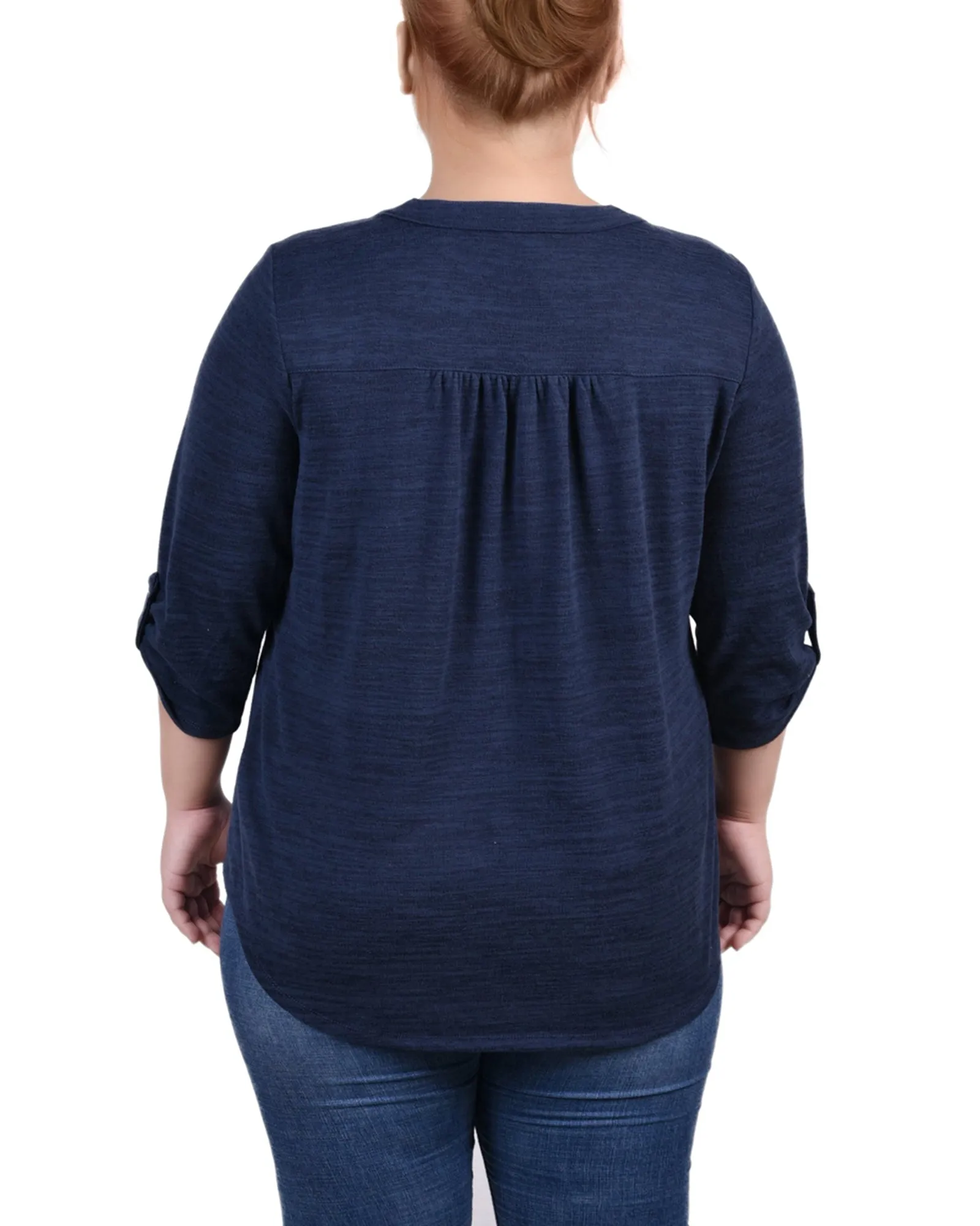 Plus Size 3/4 Roll Tab Sleeve Y Neck Top