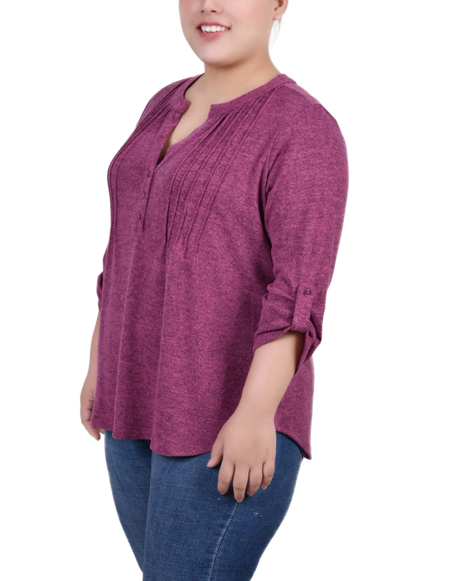 Plus Size 3/4 Roll Tab Sleeve Y Neck Top
