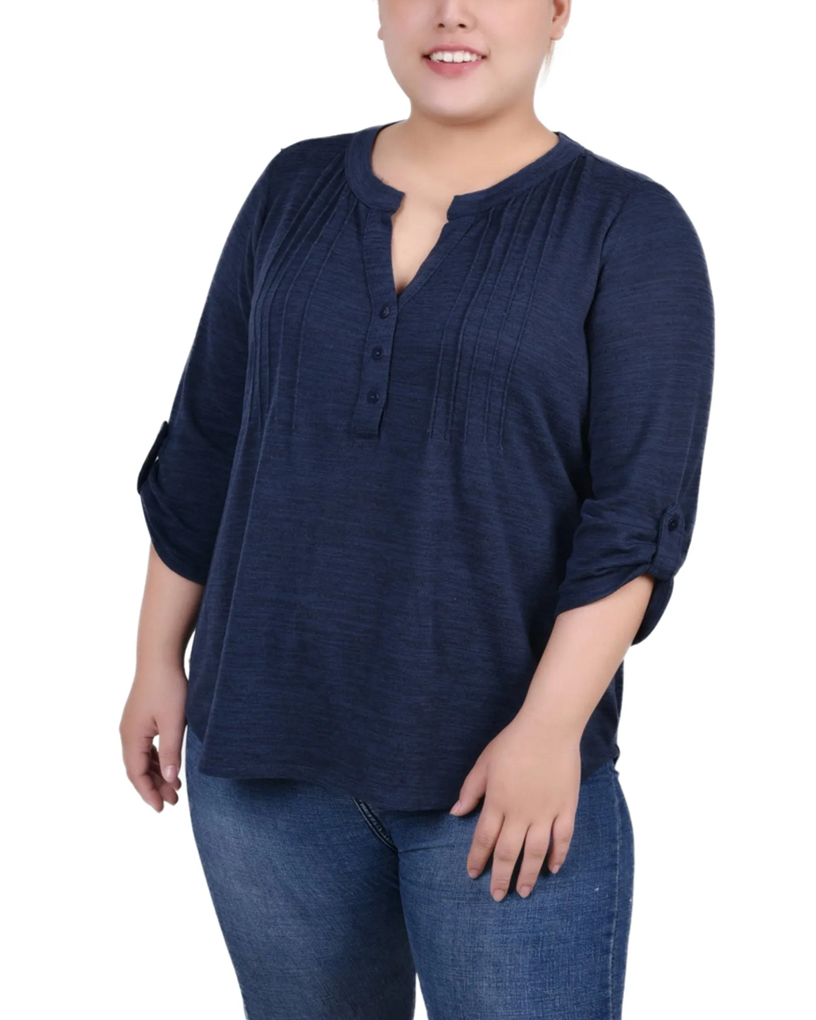 Plus Size 3/4 Roll Tab Sleeve Y Neck Top